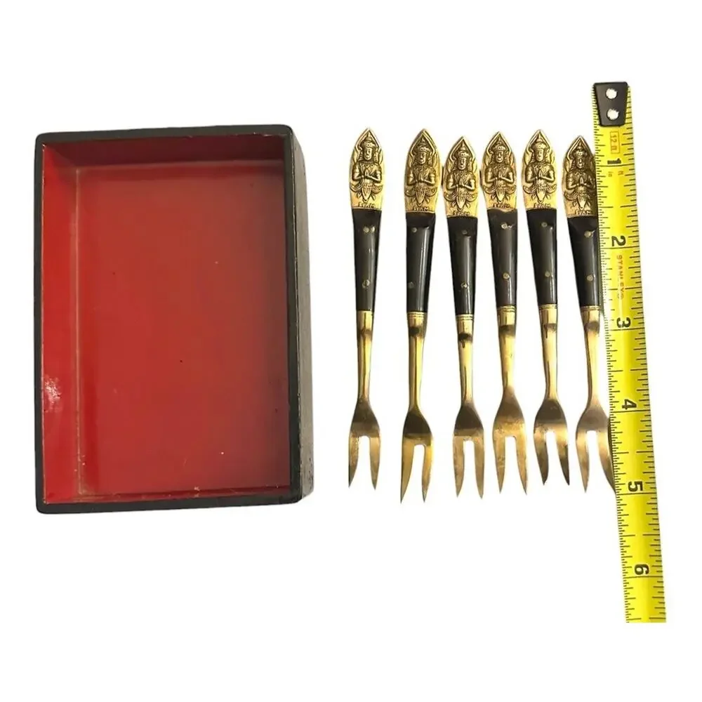1950’s Siam Buddha Flatware Set Bronze Brass 6 Shrimp Forks Lacquer Display Box